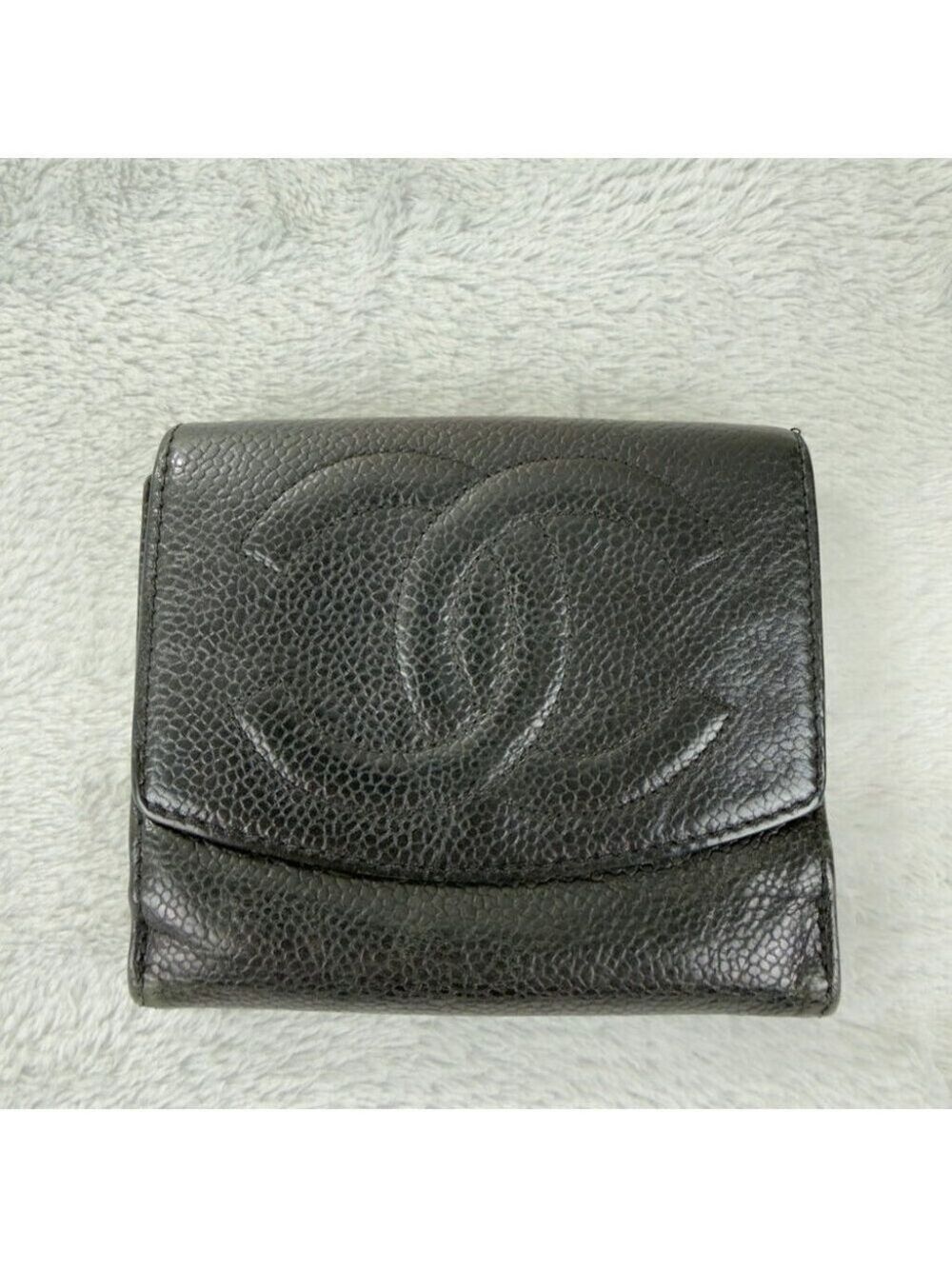 Chanel CC Logo Grained Calfskin Leather Bifold Black Wallet Embroidered